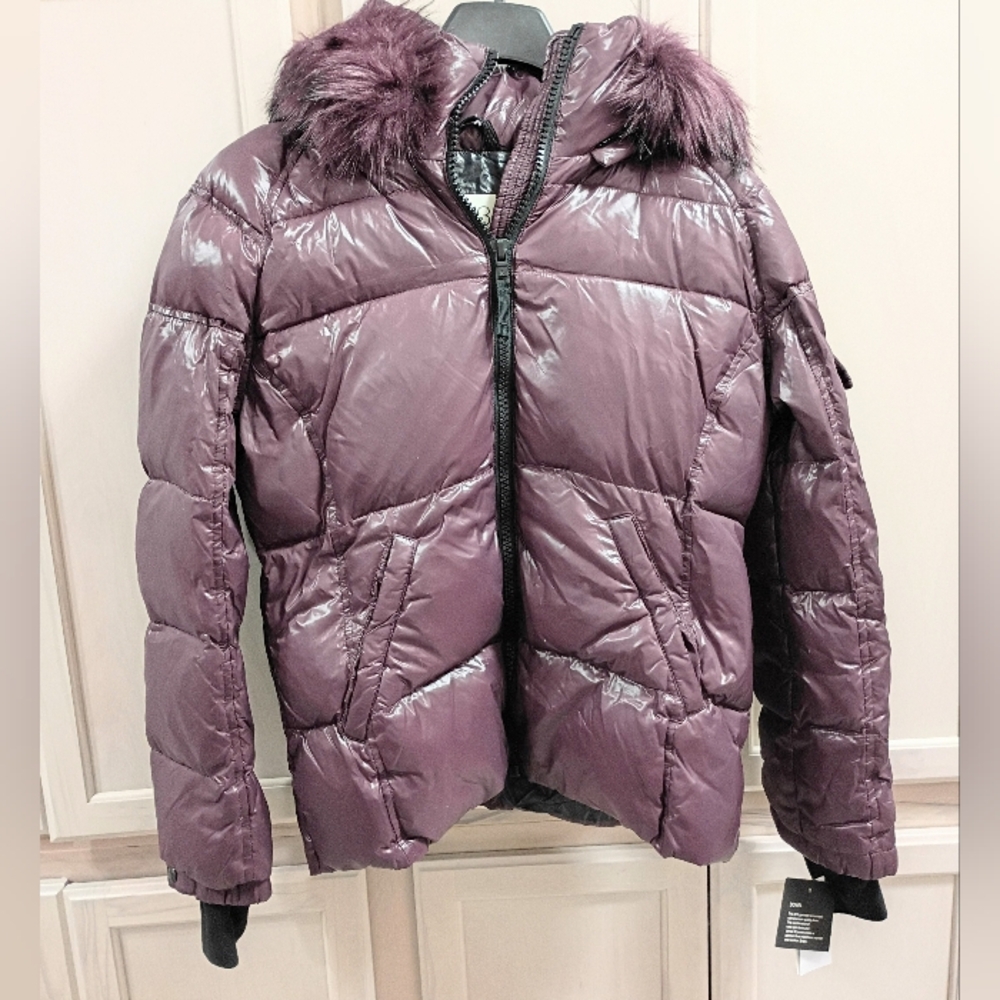 S13 New York Kylie Hooded Puffer Jacket XL Glossy Wine Purple Faux Fur NWT